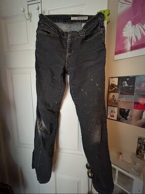 DKNY Dark Wash Slim Jeans with Distressed Paint Details